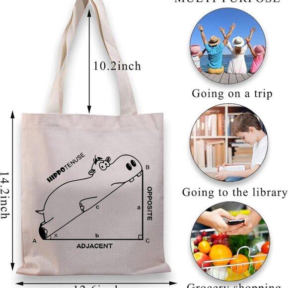 Hippo Tote Bag Canvas Unisex Gift for Math Lover Travel Beach Carryall - Picture 2 of 7